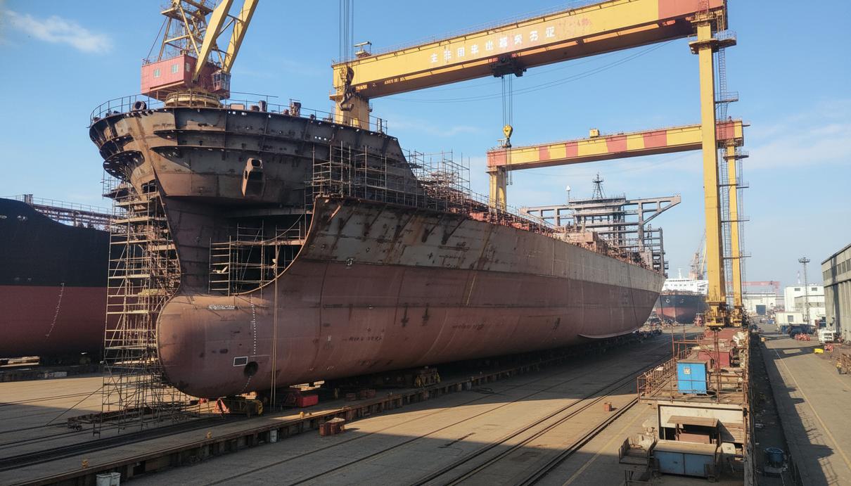 Огромный стальной корпус танкера в сухом доке на фоне промышленных кранов верфи.
