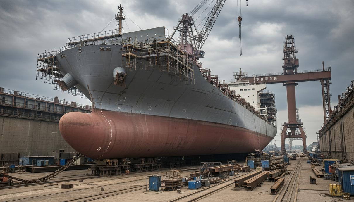 Euroseas привлекла инвесторов из Норвегии к покупке контейнеровоза Контейнеровоз в сухом доке на судостроительном заводе со строительными лесами и портовыми кранами.
