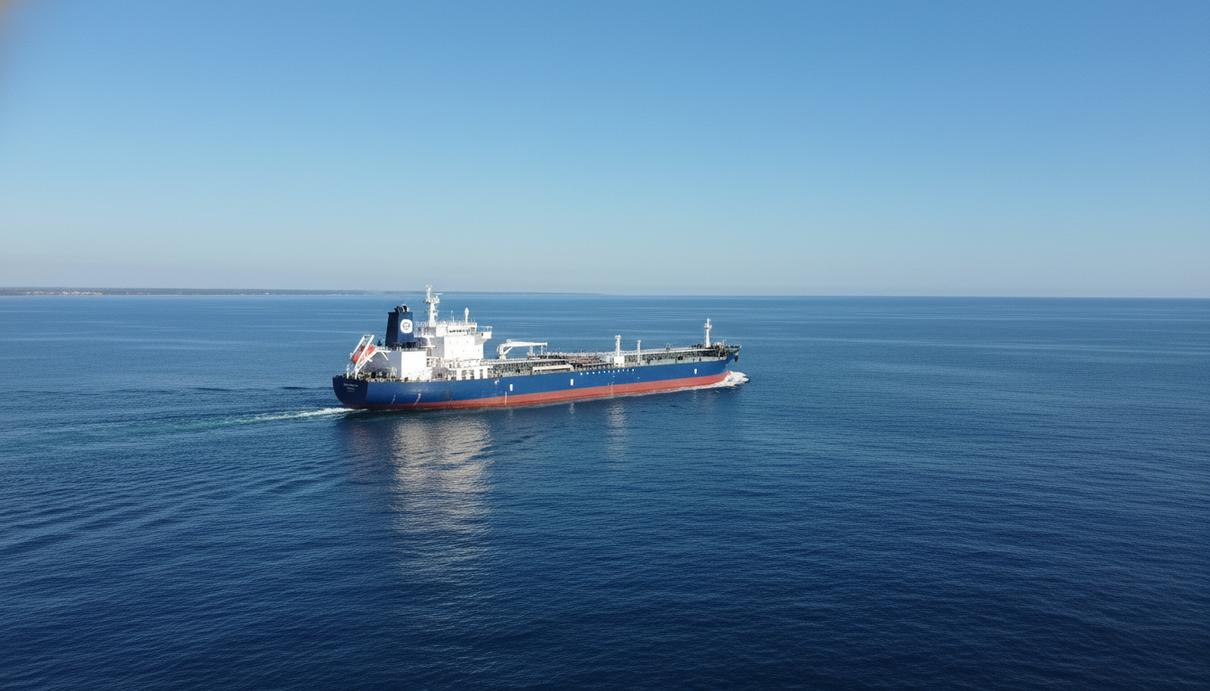 Крупный танкер-продуктовоз в открытом море на фоне ясного неба