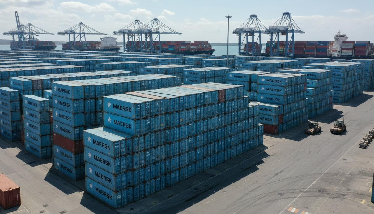 Ряды синих контейнеров с логотипом Maersk в морском порту на фоне портовых кранов.