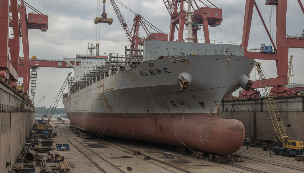Малайзийская MTT Shipping заказала в Китае два контейнеровоза за 80 млн долларов Процесс строительства крупного контейнеровоза в сухом доке китайской верфи на фоне портовых кранов.