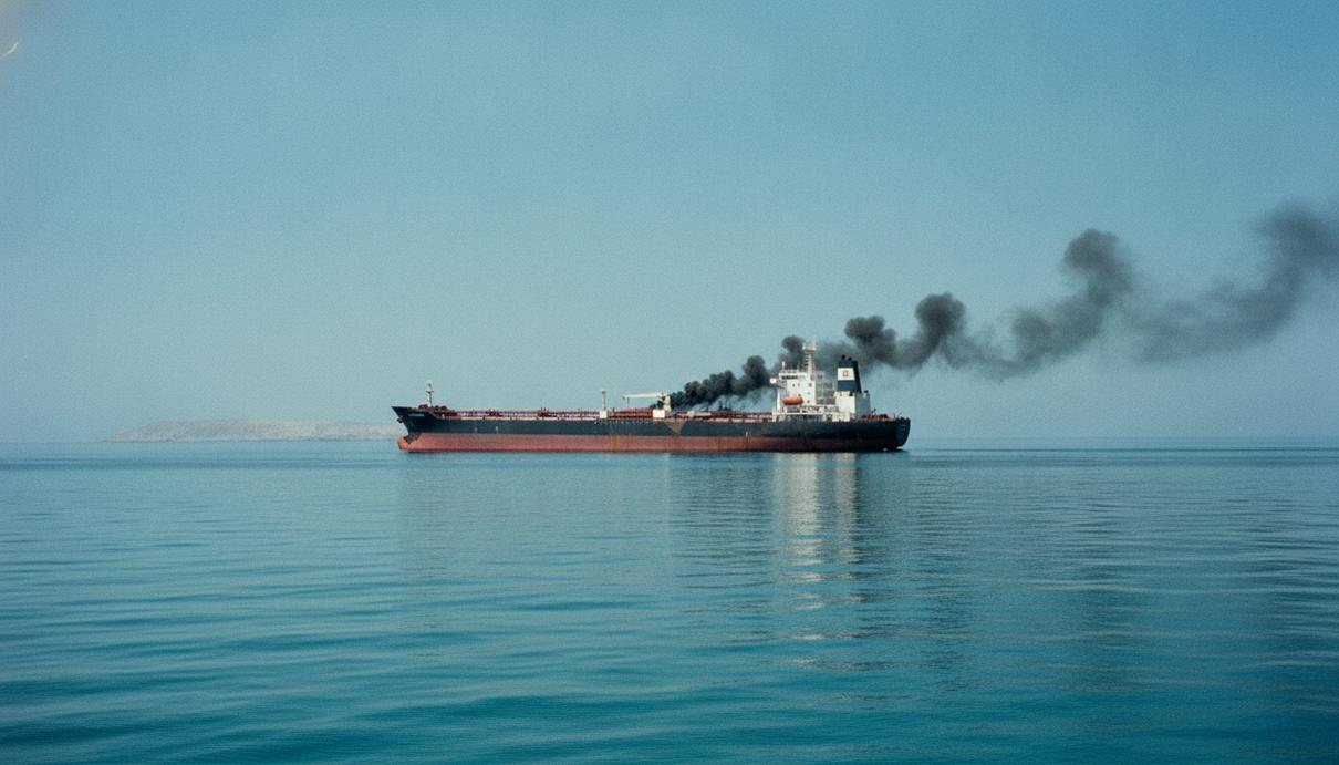 Нефтяной танкер в открытом море с задымлением в кормовой части на фоне береговой линии