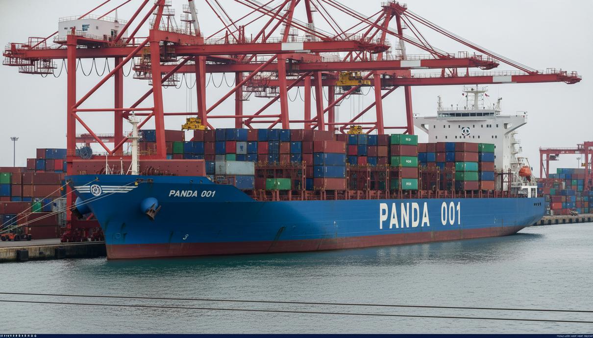 Tailwind переводит флот под флаг Германии: порт приписки Хайльбронн Контейнеровоз Panda 001 в промышленном порту на фоне грузовых кранов и контейнеров