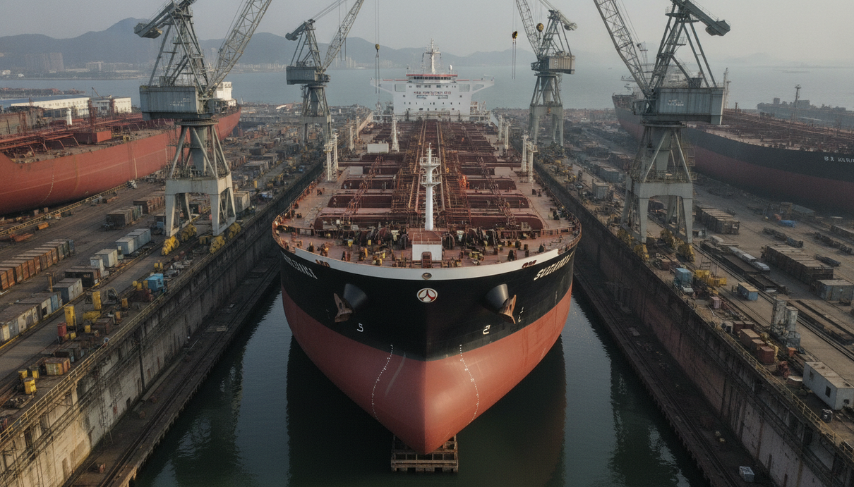 Заказ новых танкеров: греческая Venergy Maritime расширяет флот в Китае Огромный корпус танкера в сухом доке на фоне высоких портовых кранов судостроительного завода.