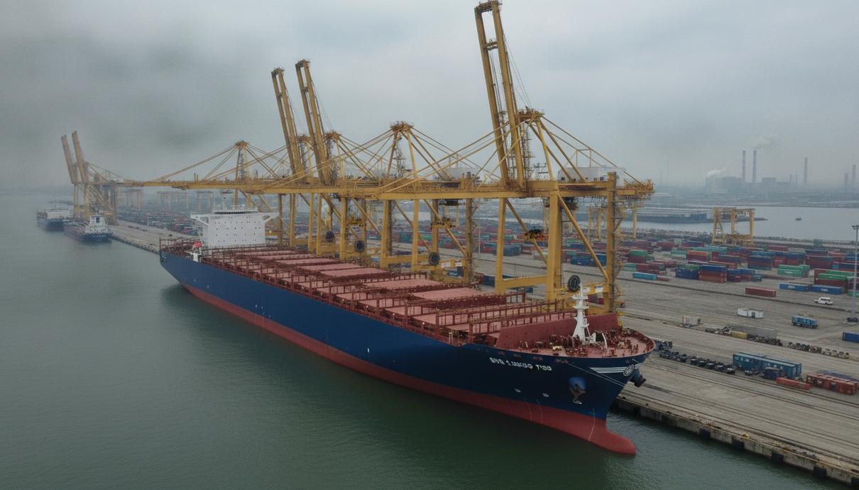 MSC заказал в Китае до 20 сверхбольших контейнеровозов на СПГ Огромный новый контейнеровоз у причала современной китайской судоверфи в окружении высоких портовых кранов.