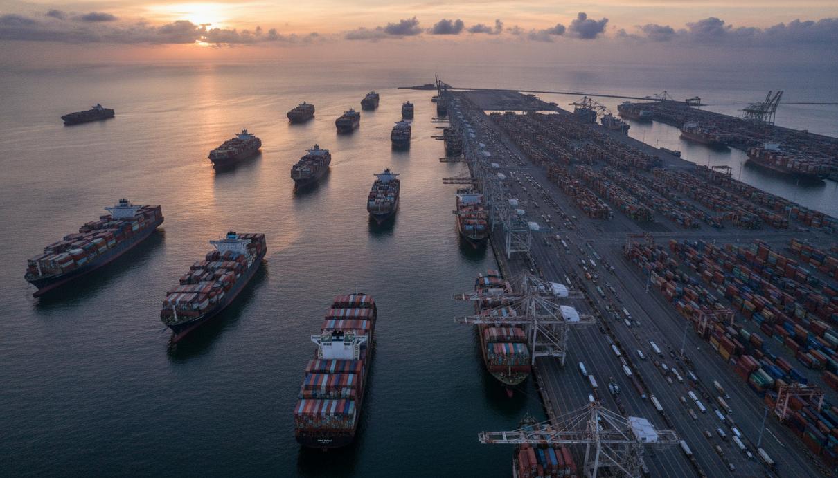 Maersk пересмотрел прогноз с убытка на многомиллиардную прибыль Крупный морской порт на рассвете, вид с воздуха. Множество контейнеровозов стоят на якоре в очереди на вход в порт.