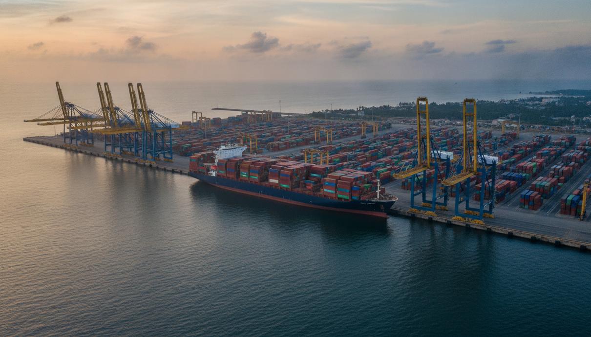 MSC вложит $1,4 млрд в новый перевалочный порт Adani в Индии Аэрофотосъемка контейнерного терминала в порту Вижинджам, Индия. У причала стоят большие портовые краны и крупный контейнеровоз.