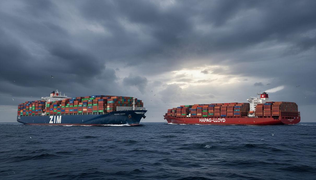 Власти Израиля выступили против продажи ZIM немецкой Hapag-Lloyd Контейнеровоз компании ZIM и контейнеровоз Hapag-Lloyd в открытом море. Вид с воды на два крупных грузовых судна.