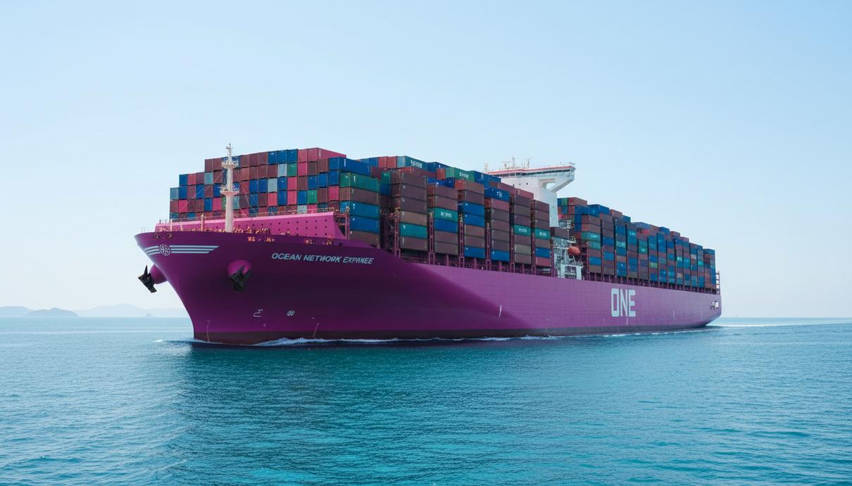 Тилль Оле Барреле возглавил контейнерного перевозчика Ocean Network Express Большой контейнеровоз Ocean Network Express (ONE) пурпурного цвета, гружёный контейнерами, идёт по морю в ясный день.