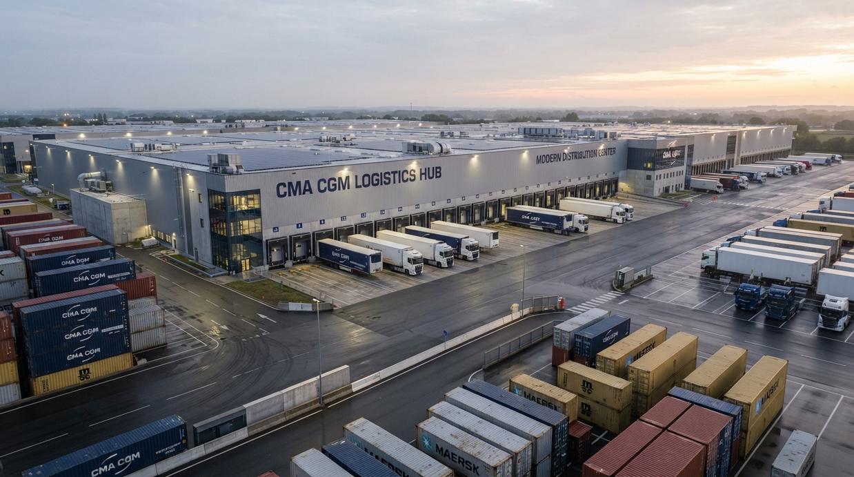 CMA CGM приобретает логистическое подразделение FedEx за $1,4 млрд Крупный логистический склад с грузовыми контейнерами CMA CGM и фурами у погрузочных доков на рассвете.