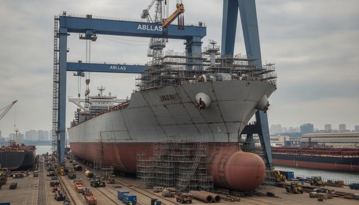 Advantage Tankers заказала два Suezmax и нарастила портфель до 13 судов Огромный нефтяной танкер на стапеле судостроительной верфи в процессе постройки, вид на корпус и портовые краны.