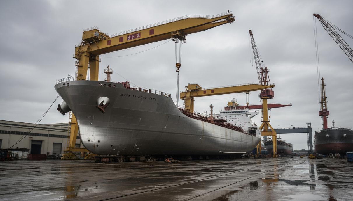 MAC Shipping заказала в Китае еще четыре танкера-химовоза Современный танкер-химовоз из нержавеющей стали на верфи в Китае в процессе постройки, на фоне портовых кранов.