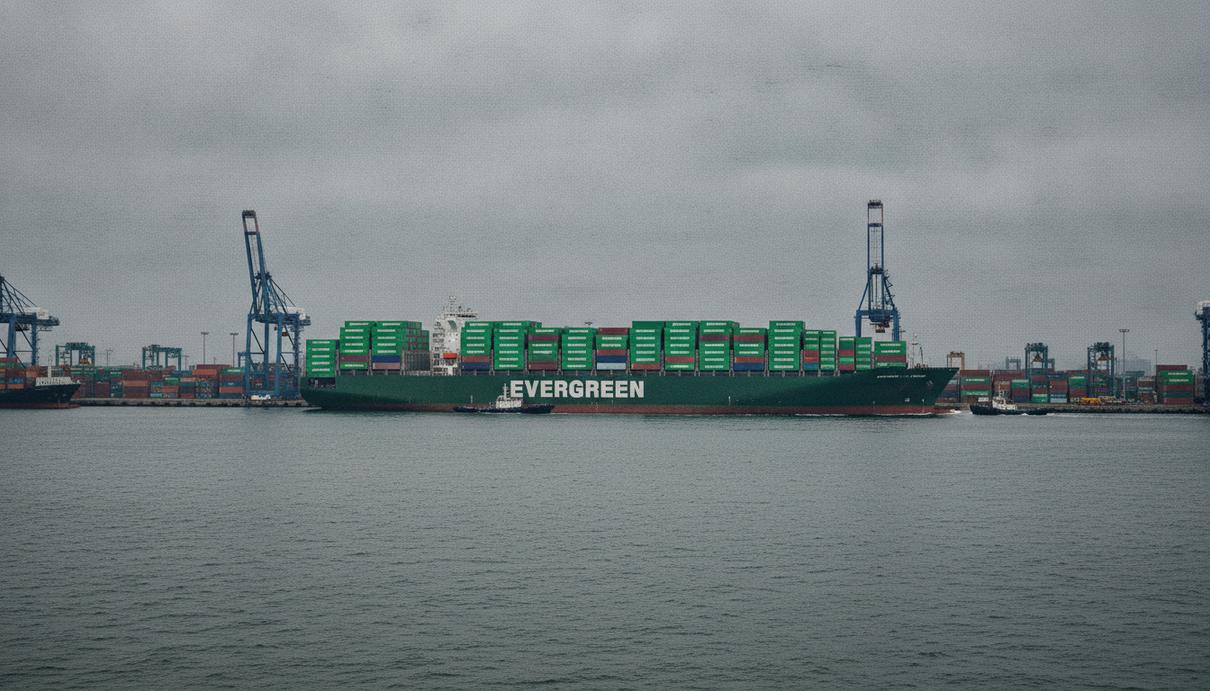 В офисах Evergreen Marine прошли обыски по делу об инсайдерской торговле Крупный контейнеровоз Evergreen Marine с зелёными контейнерами в промышленном порту в пасмурную погоду