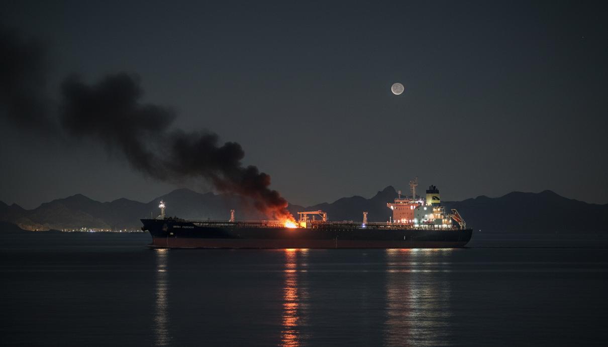 Большой нефтяной танкер в ночном море у скалистого побережья. Из борта судна идет дым, указывая на пожар.