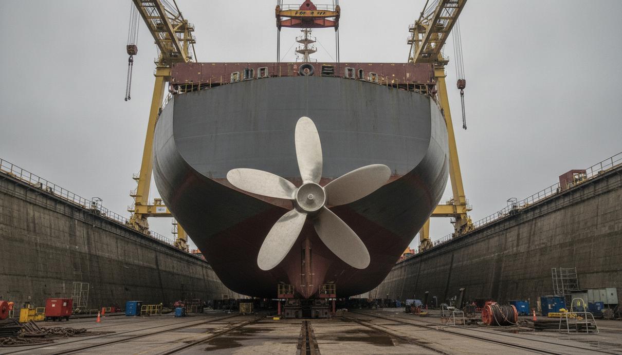 Seaspan и Maersk вложат $75 млн в модернизацию 18 контейнеровозов Крупный контейнеровоз в сухом доке во время модернизации, на корме устанавливают новый гребной винт, видны портовые краны.