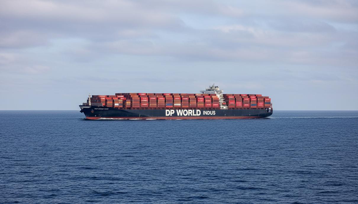 DP World расширяет флот для каботажных перевозок в Индии Крупный современный контейнеровоз DP World Indus, гружёный контейнерами, идёт по морю в дневное время.