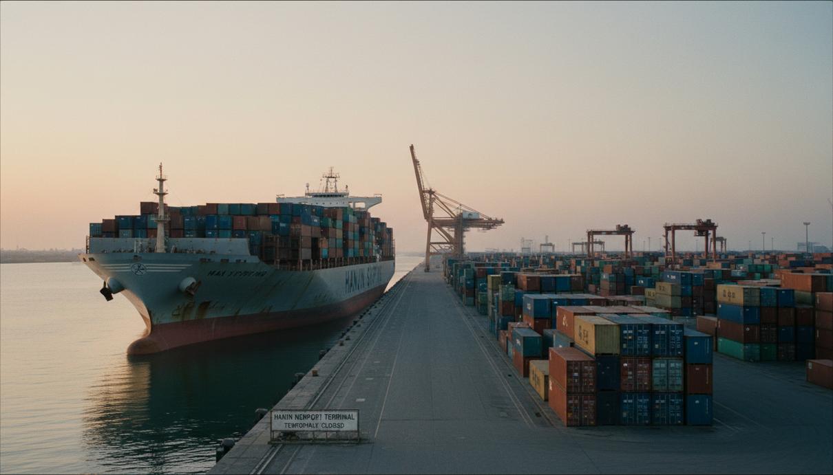 Южная Корея пересмотрит процедуру банкротства из-за дела Hanjin Контейнеровоз Hanjin Shipping стоит у причала в пустом порту. На берегу рядами сложены морские контейнеры.