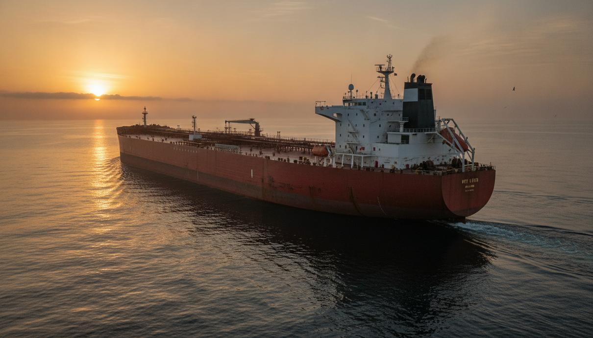 Огромный нефтяной супертанкер класса VLCC в открытом море на рассвете. Вид с воды, подчеркивающий масштаб судна.