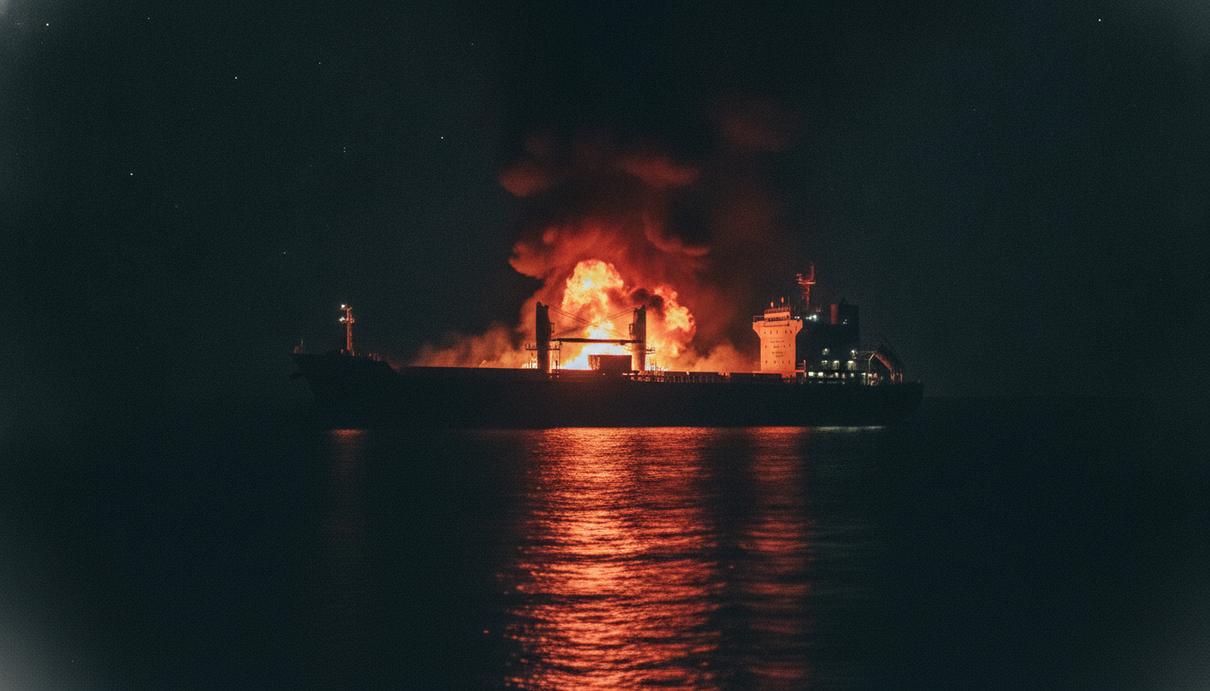 В Ормузском проливе атакован балкер, один моряк пропал без вести Грузовое судно (балкер) в Ормузском проливе ночью. Из надстройки и средней части палубы идет дым, видны отблески огня.