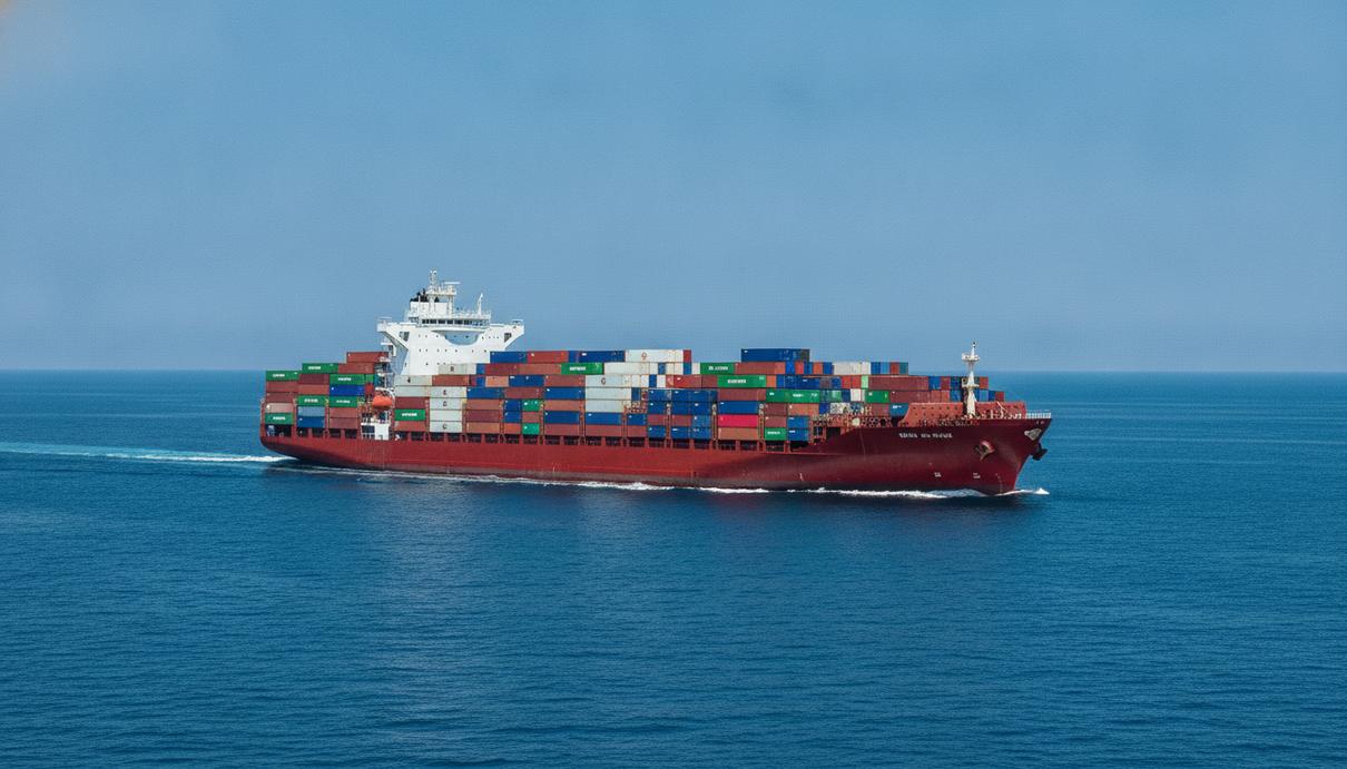 Корейская CK Line заказала в Китае крупнейшие суда в своей истории Современный контейнеровоз средней вместимости, груженый разноцветными контейнерами, идет по морю в ясную погоду.