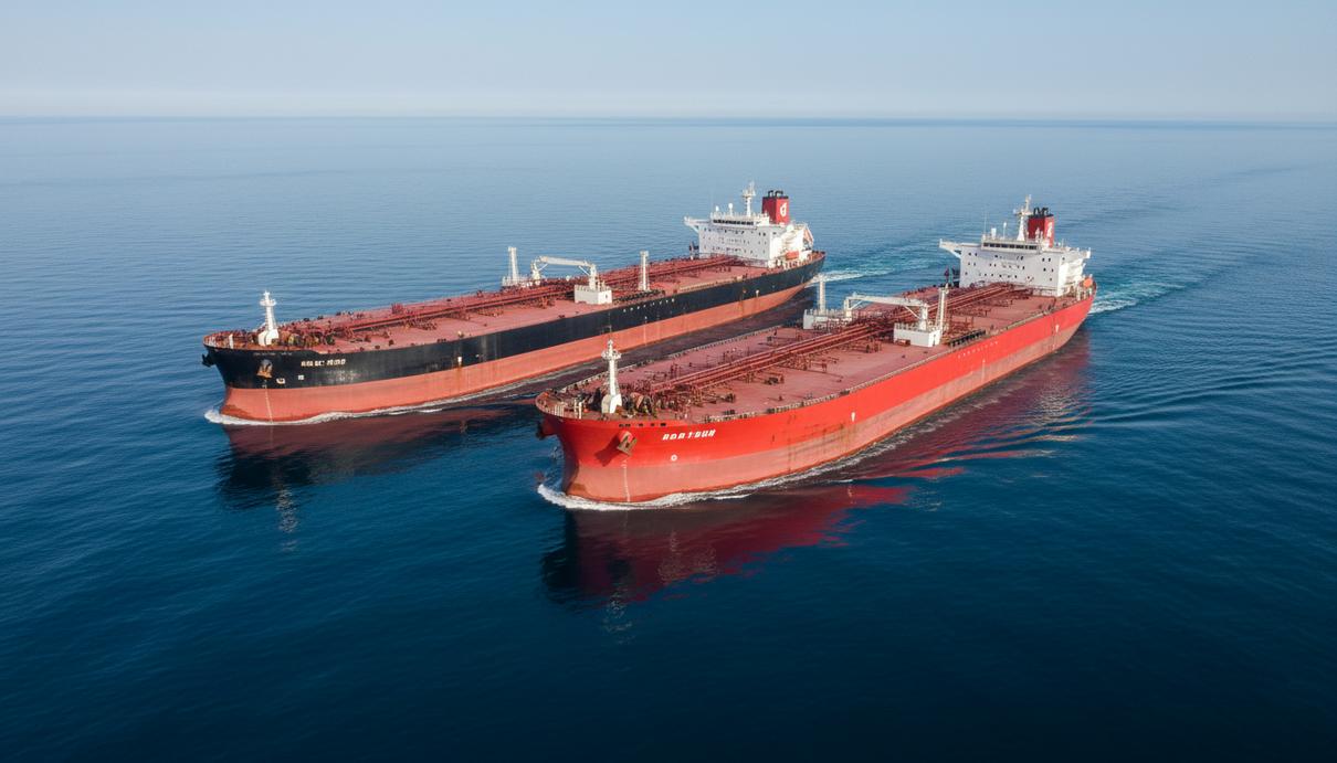 Два супертанкера-нефтевоза класса VLCC идут в открытом море под ясным небом. Вид с воздуха.