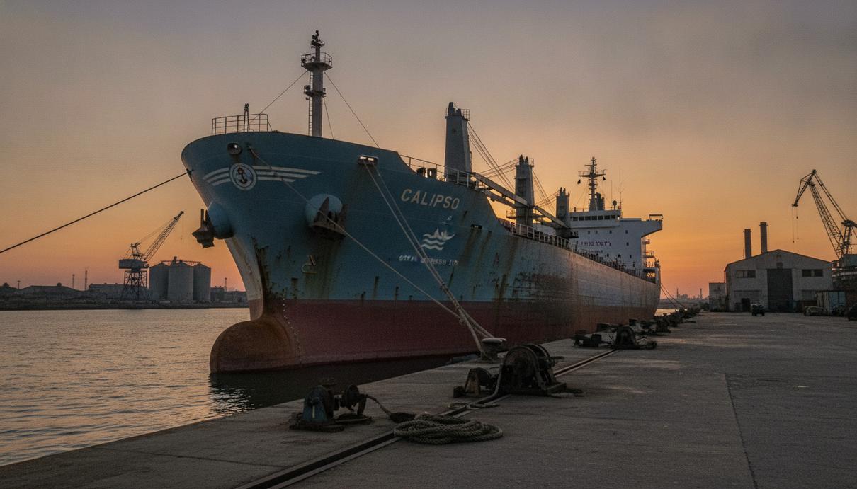 OceanPal продала флот и ушла из судоходства ради проектов в сфере ИИ Старый балкер-панамакс «Calipso» с признаками износа на корпусе пришвартован в промышленном порту на закате.