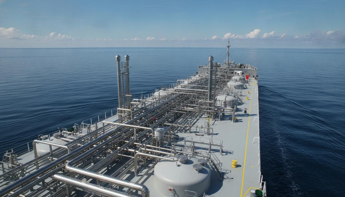 Stainless Tankers продаст шесть химовозов и уйдет с рынка в течение 1,5 лет Танкер-химовоз из нержавеющей стали идёт по морю. На палубе видны цистерны и сложная система трубопроводов.
