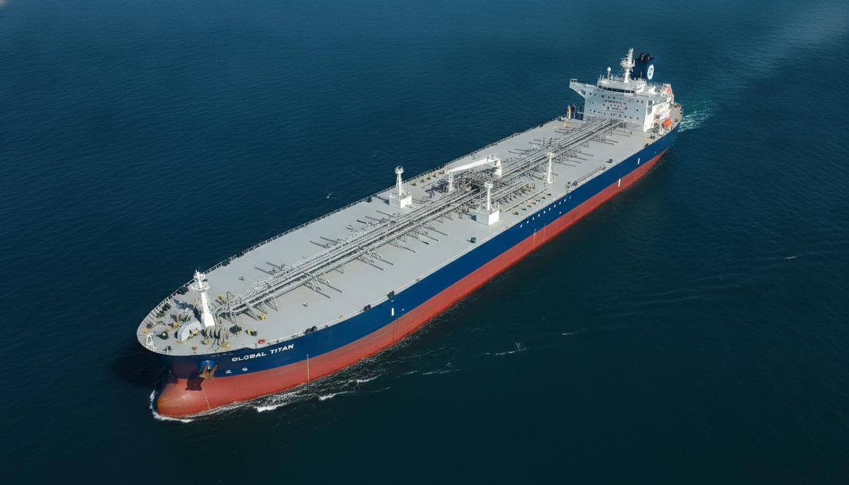Огромный современный нефтеналивной танкер (VLCC) в открытом море, вид с воздуха.