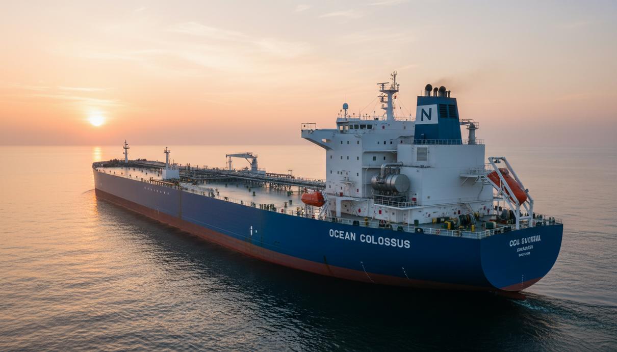 Navios Maritime Partners вложит $843,5 млн в семь новых VLCC Новый супертанкер-нефтевоз VLCC со скруббером в открытом море на рассвете.