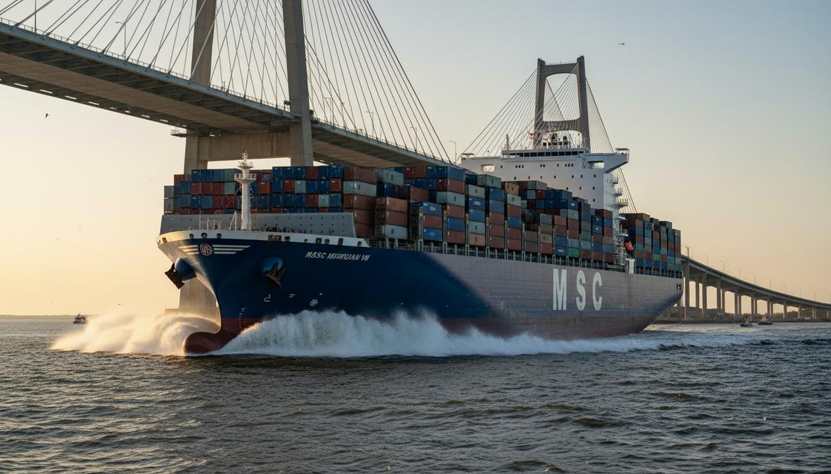 Большой контейнеровоз MSC Michigan VII на высокой скорости проходит под мостом Артура Ревенела-младшего в порту Чарлстона.