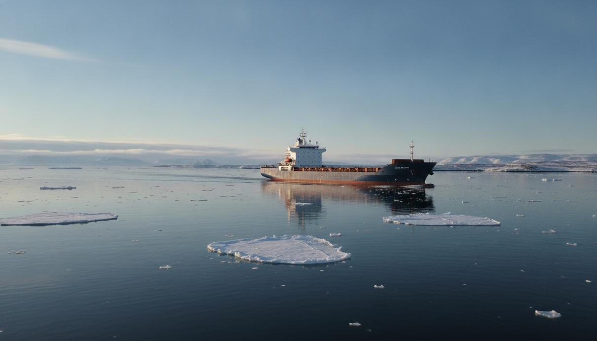 Sea Legend открыла регулярную контейнерную линию по Севморпути Современный контейнеровоз ледового класса идёт по Северному морскому пути среди редких льдин в спокойных арктических водах.
