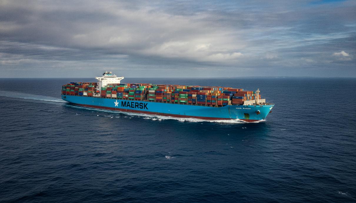 Maersk откажется от стратегии ограничения флота и вернётся к росту Огромный контейнеровоз Maersk, гружёный контейнерами, идёт по открытому морю под пасмурным небом. Вид сбоку.