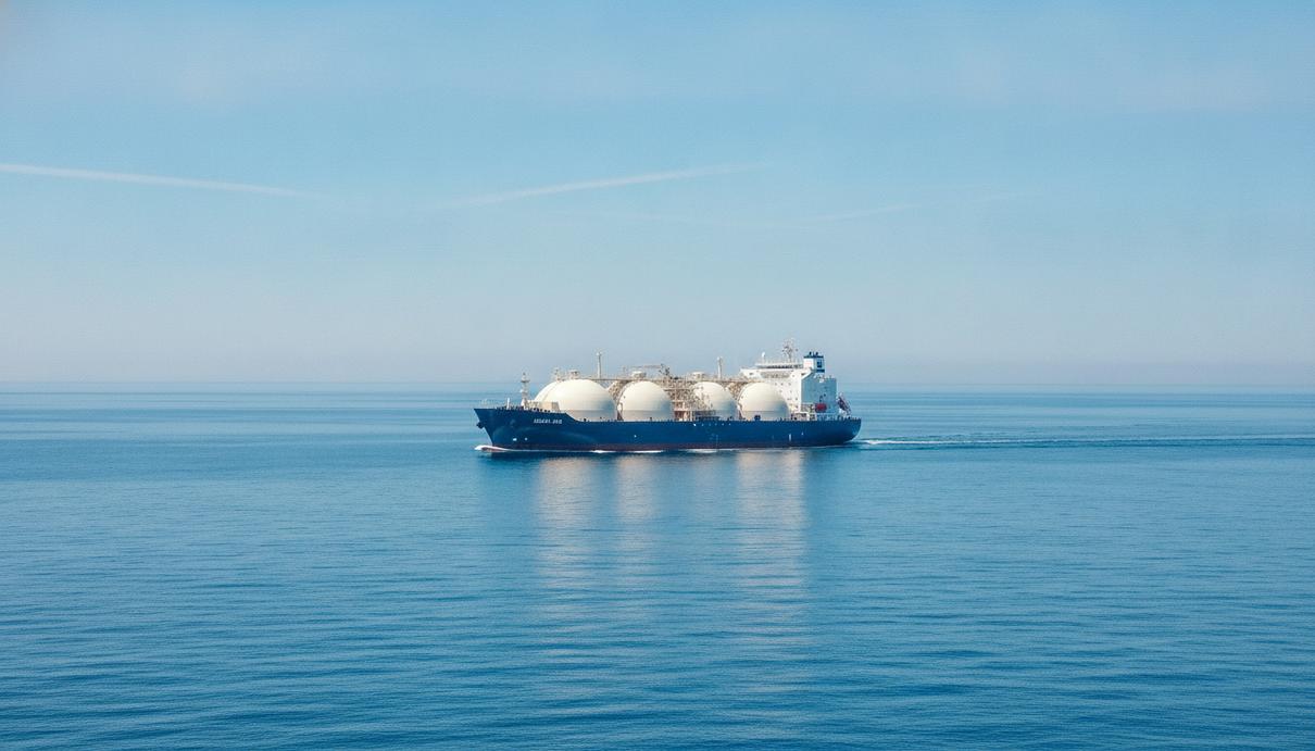 SK Shipping станет крупнейшим оператором СПГ-танкеров в Азии Крупный современный танкер-газовоз для перевозки СПГ следует по маршруту в спокойном открытом море.