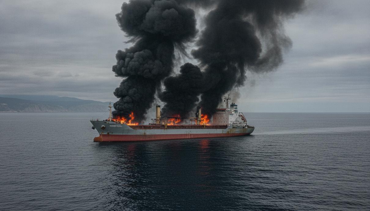 Атаки на суда в Чёрном море привели к перебоям в экспорте зерна и нефти Крупный сухогруз в Чёрном море, с палубы и надстройки которого идёт густой чёрный дым. Пасмурная погода, на горизонте видна береговая линия.