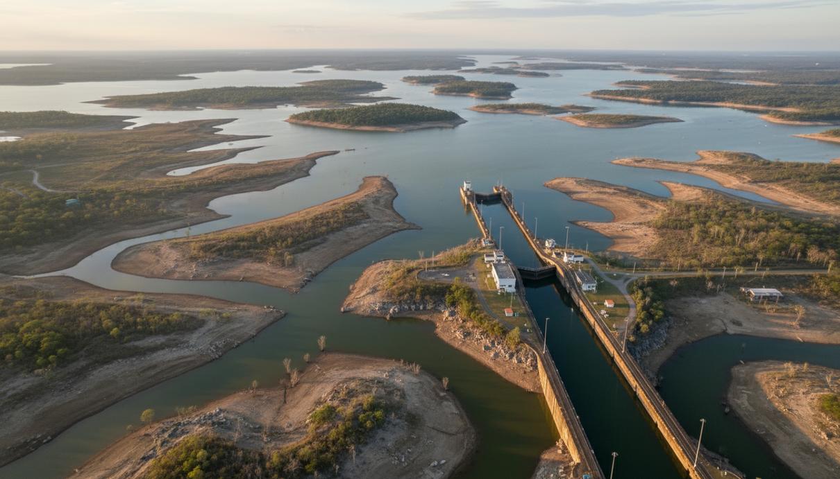 Панамский канал вводит ограничения из-за угрозы рекордной засухи Аэрофотосъемка Панамского канала в районе озера Гатун с низким уровнем воды. Видны шлюзы и обнажившиеся берега.