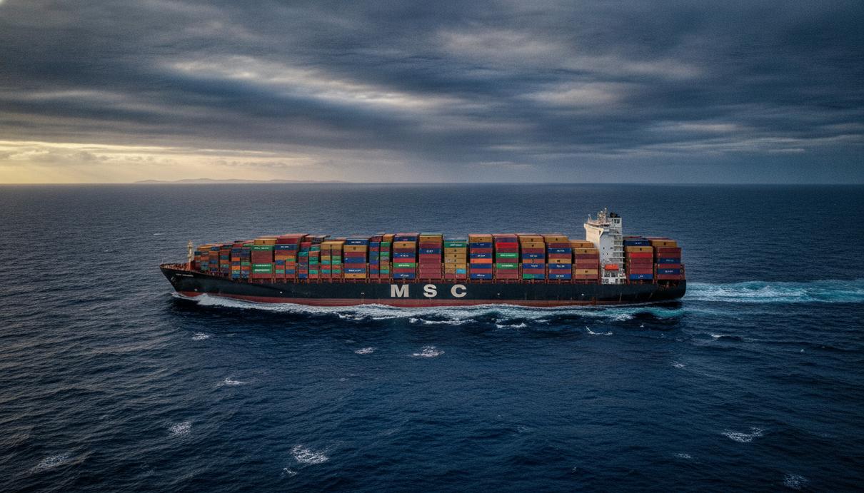 MSC с 2020 года купила 500 контейнеровозов и удвоила свой флот Огромный контейнеровоз MSC, груженный контейнерами, идет по морю. Вид сбоку на фоне неба с облаками.