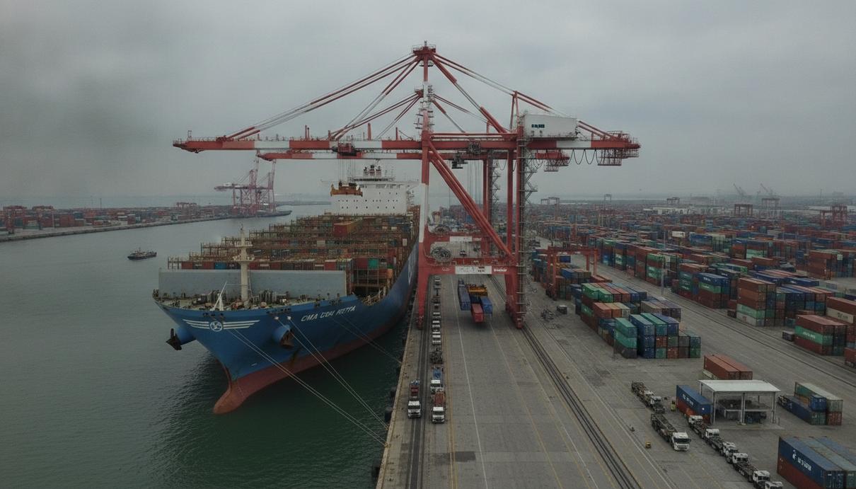 Контейнеровоз CMA CGM Petra у причала в порту Кланг. Портовый кран выгружает контейнеры из трюма судна.