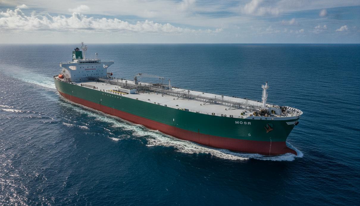 Aegean Shipping продает танкер 2022 года постройки за $83 млн Современный нефтяной танкер-афрамакс бело-зеленого цвета в открытом море. Вид сбоку с воздуха, судно идет по спокойной воде.