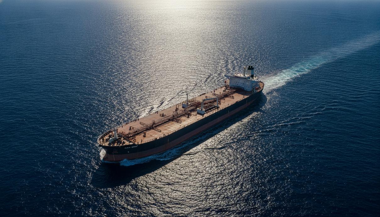 Крупнотоннажный нефтяной танкер-suezmax «Cape Benat» идёт по спокойному морю в ясный день. Вид с воздуха.