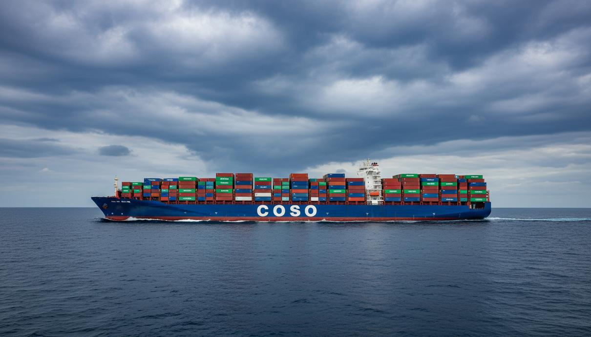 COSCO отвергла обвинения США в использовании торговых судов для шпионажа Огромный контейнеровоз COSCO в открытом море. Судно с красными и синими контейнерами под пасмурным небом.