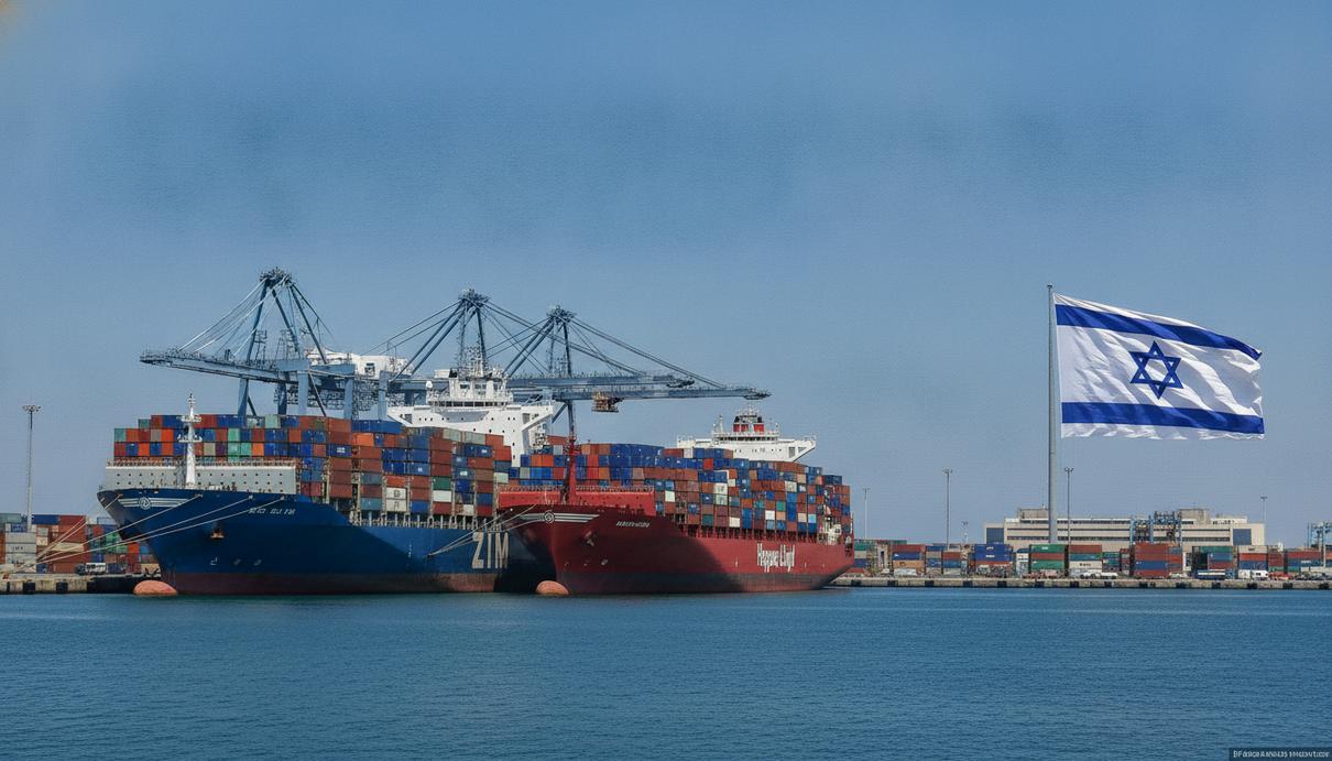 Hapag-Lloyd и FIMI меняют условия поглощения ZIM для властей Израиля Контейнеровоз ZIM и судно Hapag-Lloyd стоят у причала в грузовом порту, на заднем плане виден флаг Израиля.