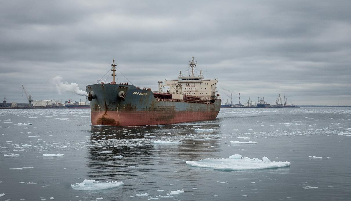 Minerva Marine продала Китаю два возрастных танкера ледового класса Танкер-афрамакс ледового класса с усиленным корпусом движется по морю среди плавучих льдин в пасмурную погоду.