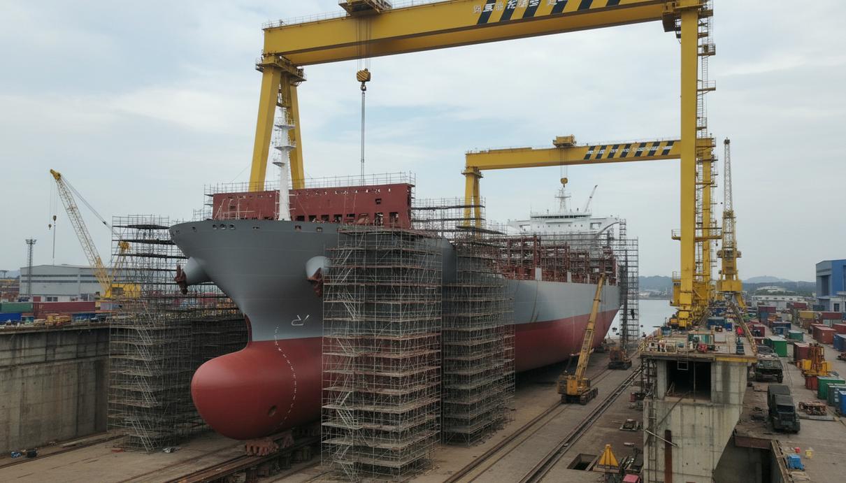 Турецкая Bayraktar Shipping заказала два контейнеровоза в Китае Фидерный контейнеровоз на стапеле судостроительной верфи в Китае во время постройки, окруженный строительными лесами и кранами.