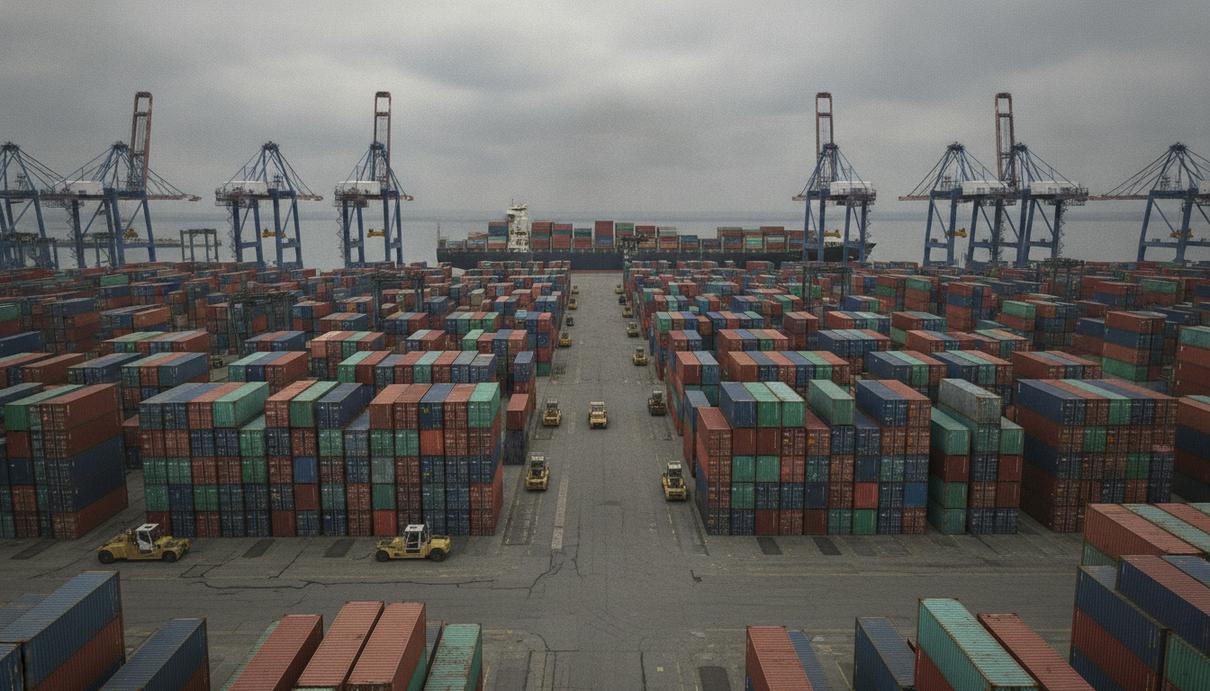 FMC отклонила иск Peloton к Flexport на $33,7 млн из-за сборов за простои Высокие стопки грузовых контейнеров в перегруженном морском порту, на заднем плане видны портовые краны и контейнеровозы.