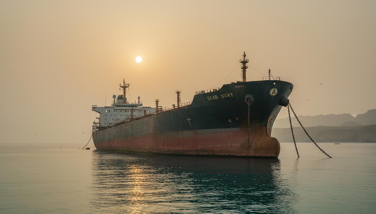 Крупнотоннажный нефтяной танкер VLCC с креном на борт стоит на якоре у побережья Омана в Ормузском проливе.