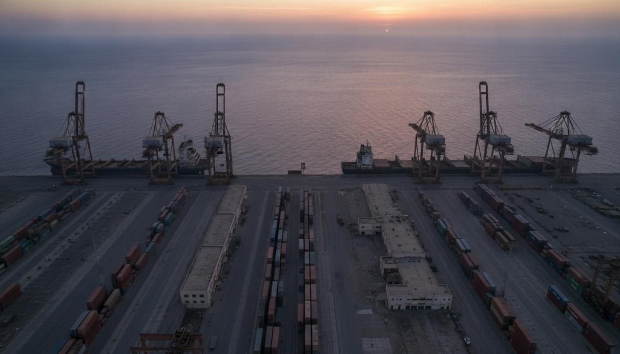 Порт Моха в Йемене на побережье Красного моря. Вид с воздуха на причалы с портовыми кранами и спокойную воду на рассвете.