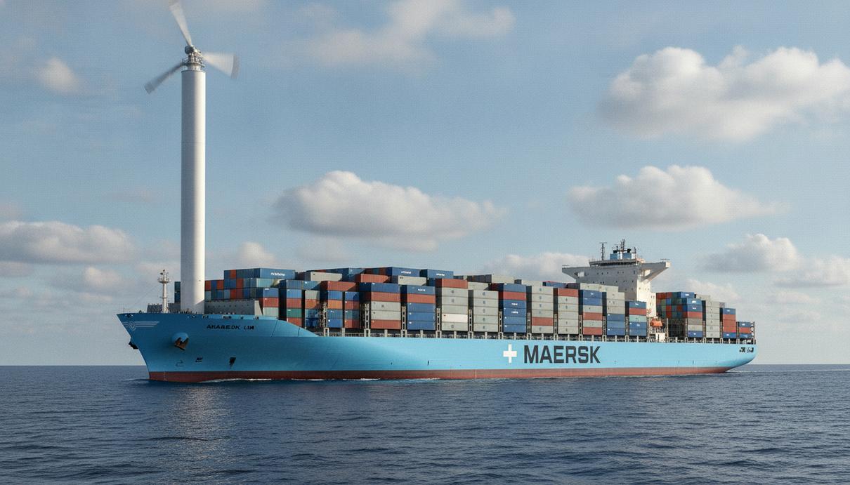 Maersk впервые испытает роторный парус на контейнеровозе Большой современный контейнеровоз Maersk с одним высоким роторным парусом на носу идет по открытому океану в ясный день.