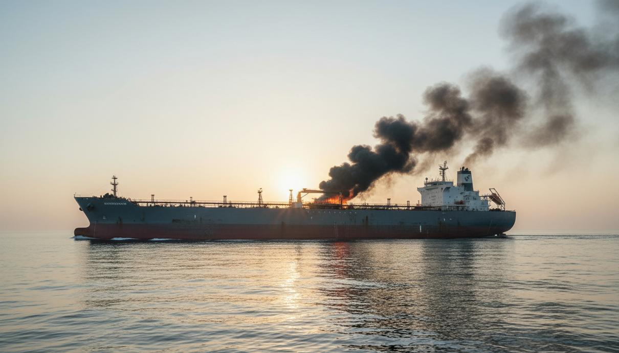 В водах Ирака беспилотник атаковал греческий супертанкер Огромный нефтяной танкер в море, с палубы которого идет черный дым. Раннее утро, спокойная вода.