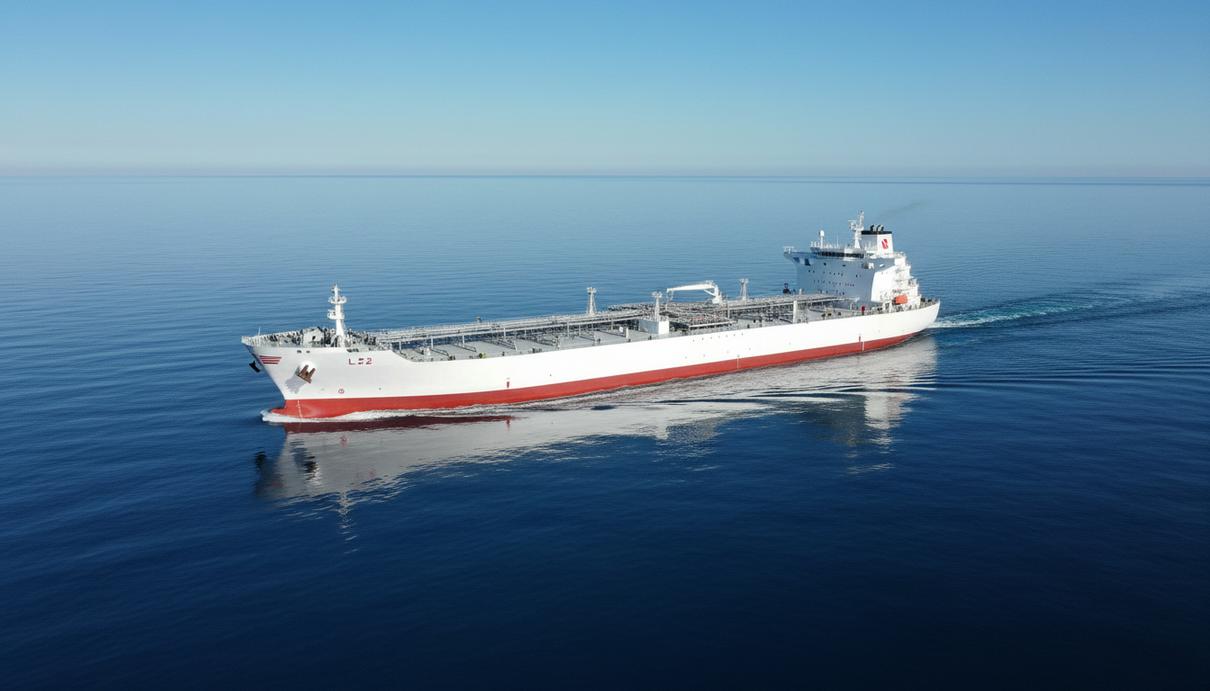 Scorpio Tankers зафрахтовала три танкера на $110 млн Современный танкер-продуктовоз класса LR2 идет по спокойному морю в ясный день. Белый корпус с красной ватерлинией.