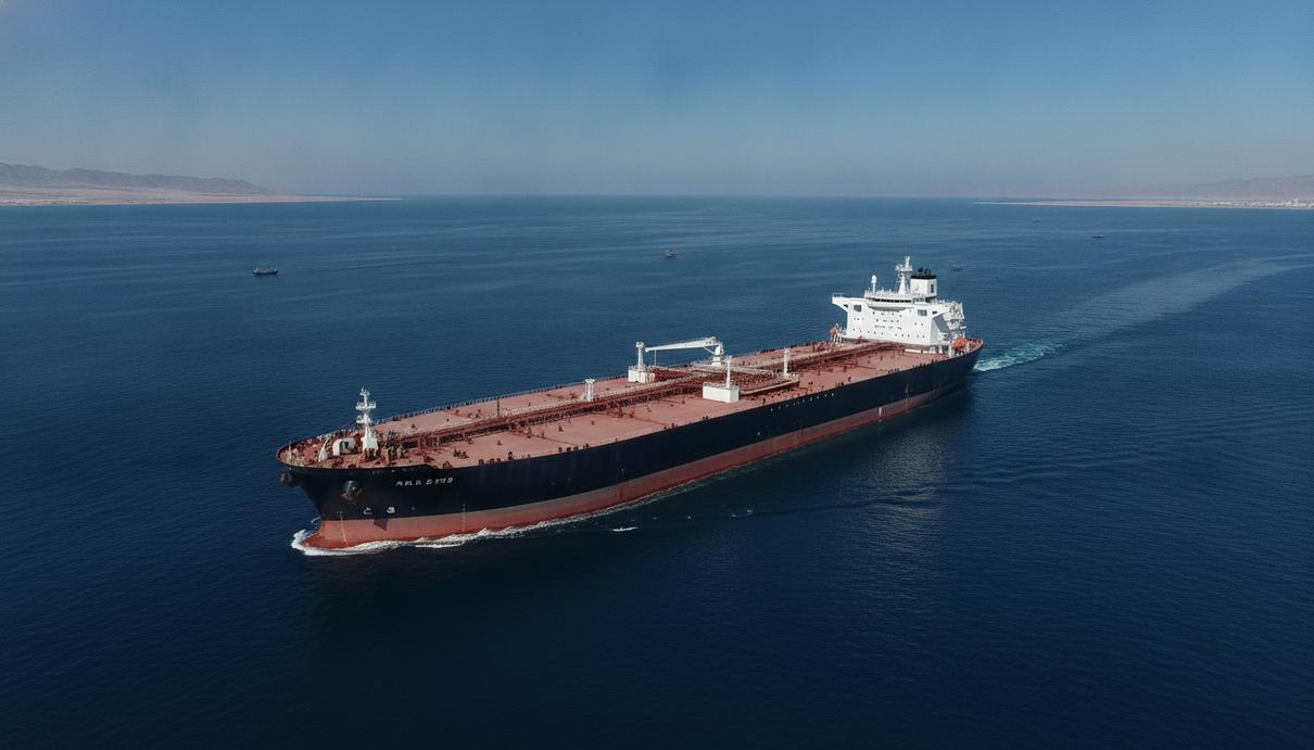 Современный супертанкер класса VLCC идёт по спокойным водам Оманского залива в ясный день. Вид с воздуха.
